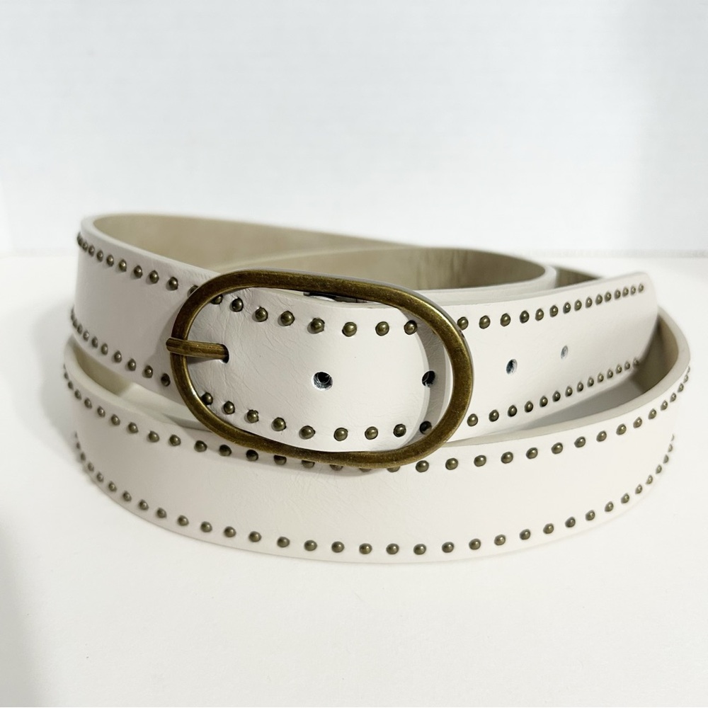 Unbranded Winter White Faux Leather Belt Bordered Studded with Brass Grommets